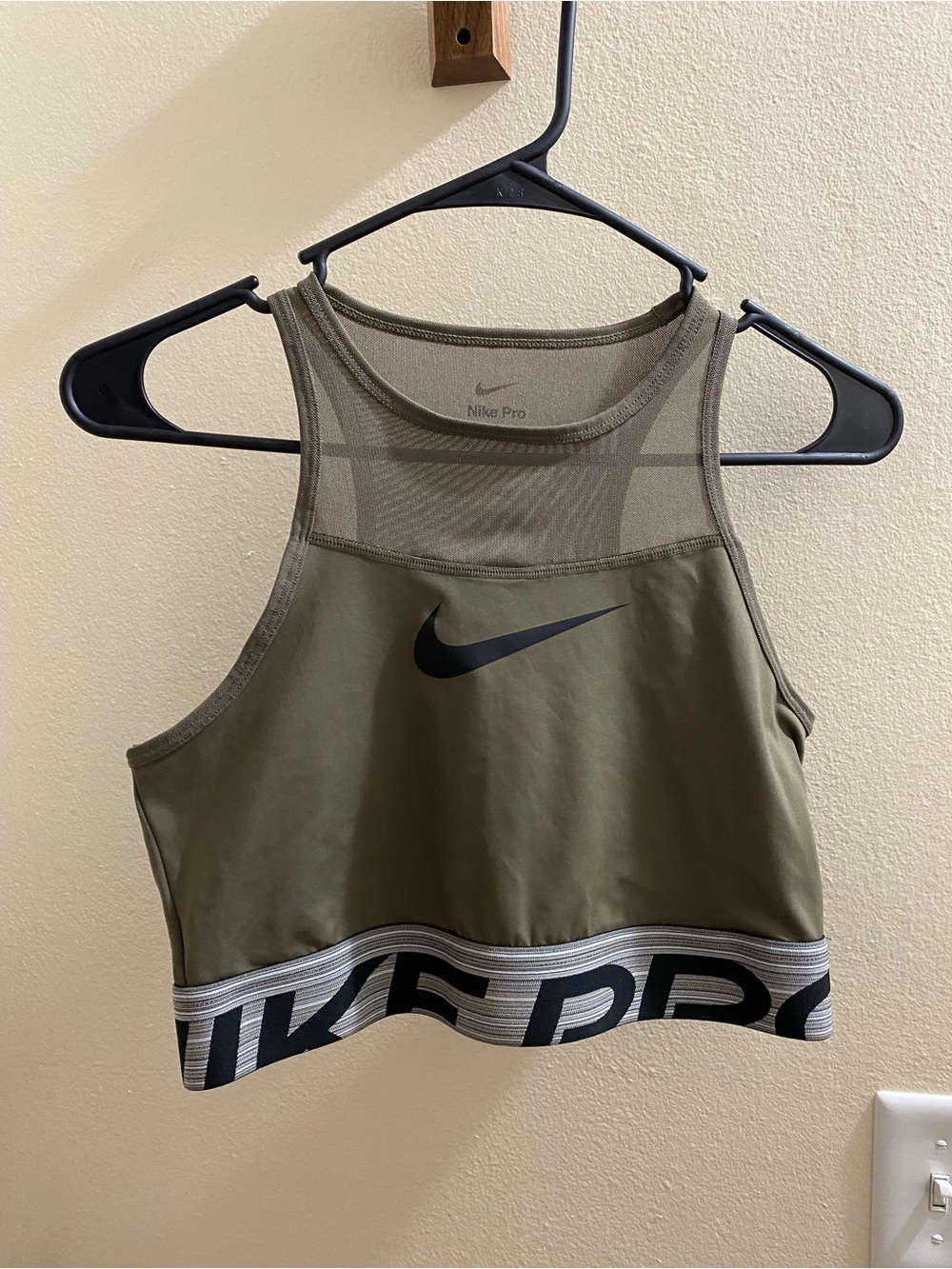 Nike Olive Green Pro Crop Sports Top with Branded Elastic